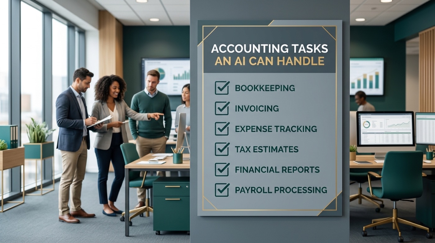 Infographic checklist of accounting tasks an AI can handle in a bright office