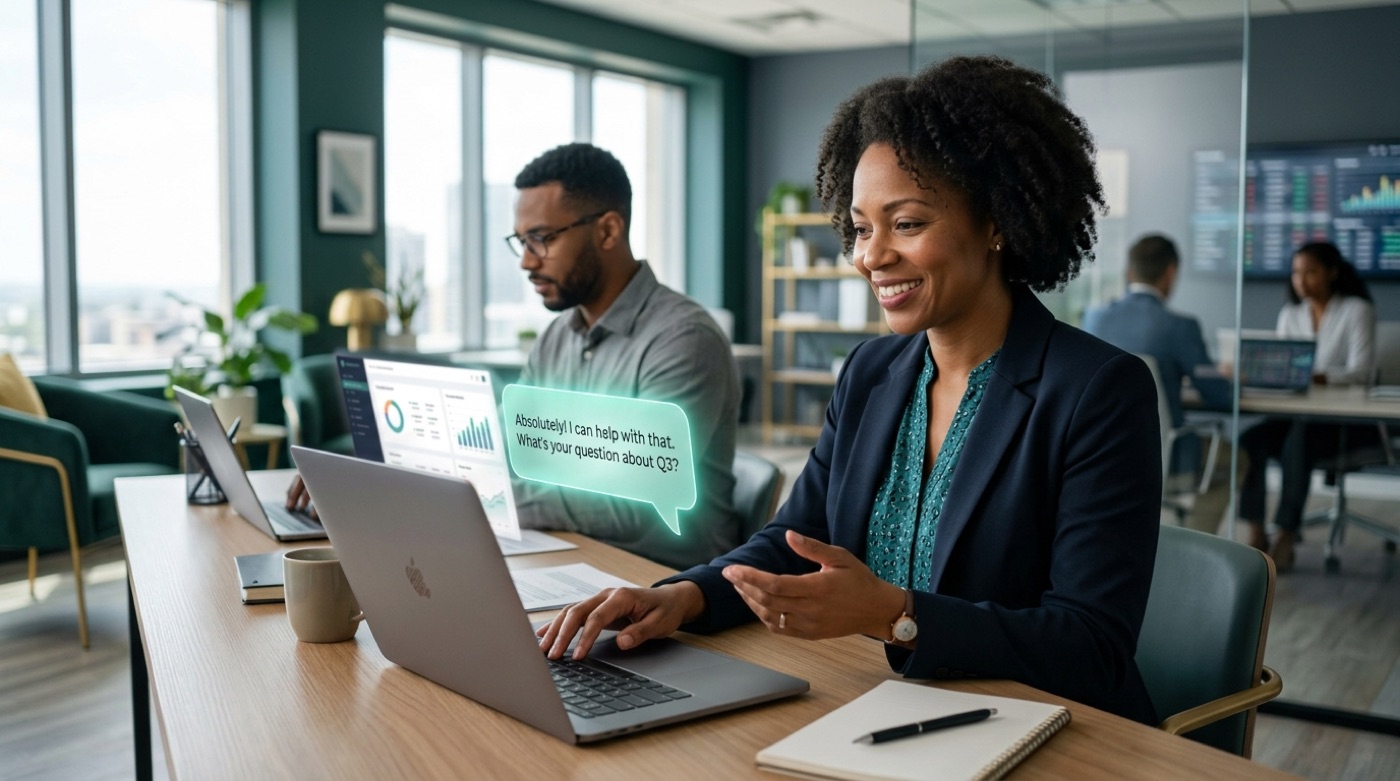 Small-business owner chatting with an AI accounting assistant on a laptop